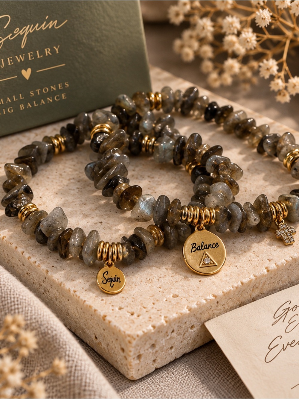 Karma Gray Labradorite Beaded Bracelet with Gold 'Balance' Charm